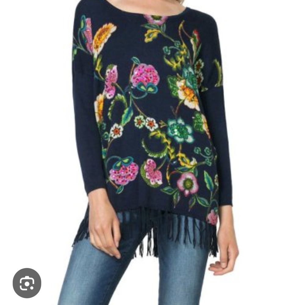 Desigual Yovana Navy Floral Sweater with Tassel Fringe